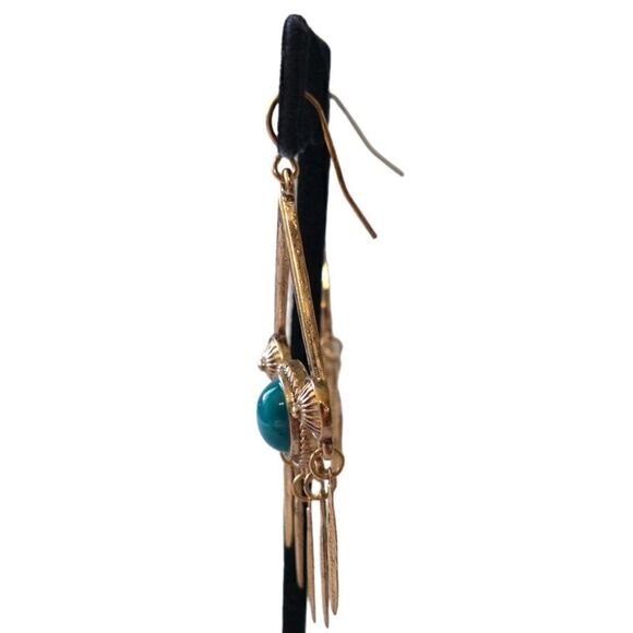 Chandelier Feather Earrings Faux Turquoise Gold Tone Western Aztec Southwestern. - Picture 7 of 15